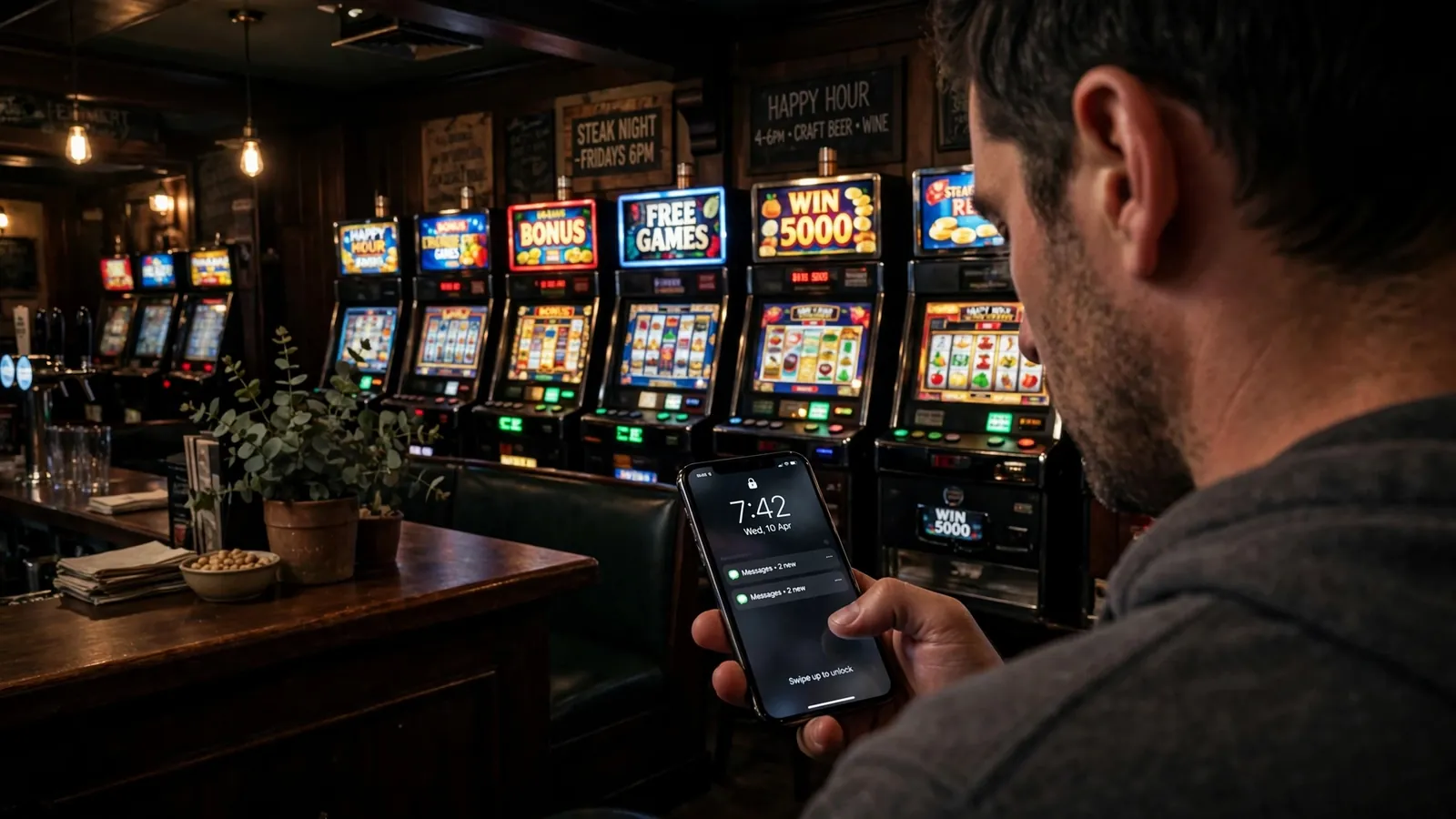 Australian pub pokies contrasted with a person using a turned-away phone