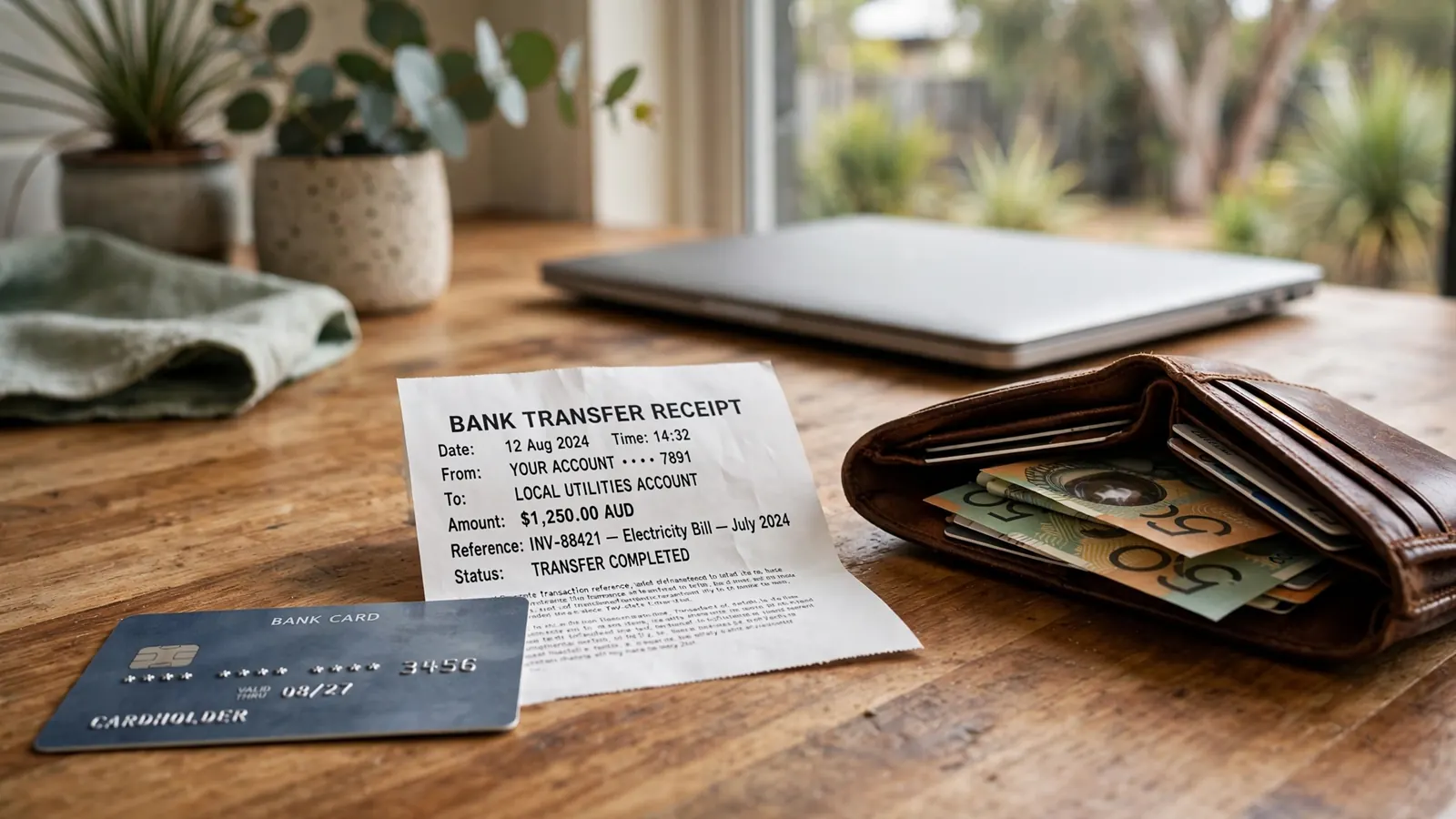 Australian kitchen counter with a bank card, receipt and closed laptop