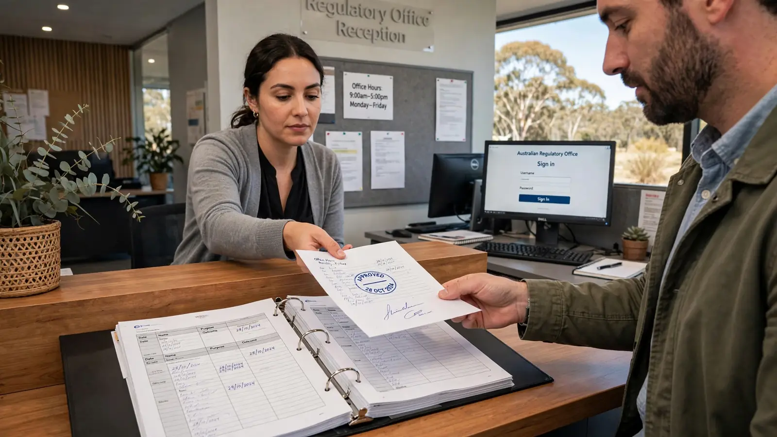 Australian regulatory reception with a printed register binder and login screen